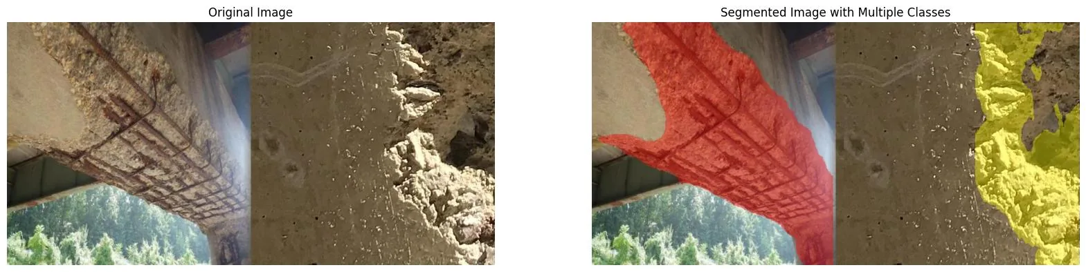 Rebar exposure (red) and spalling (yellow) segmented on bridge structures. Left: original. Right: model output.