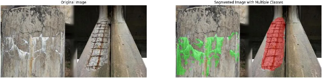 Efflorescence (green) and rebar exposure (red) on concrete columns.