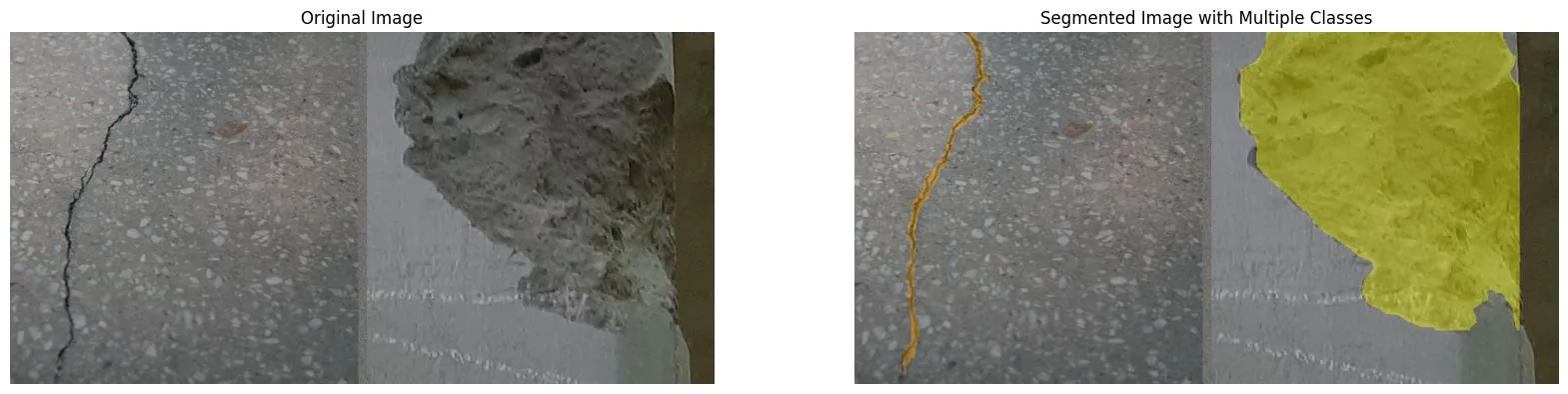 A crack (orange) and a spalled region (yellow) separated in a single pass.