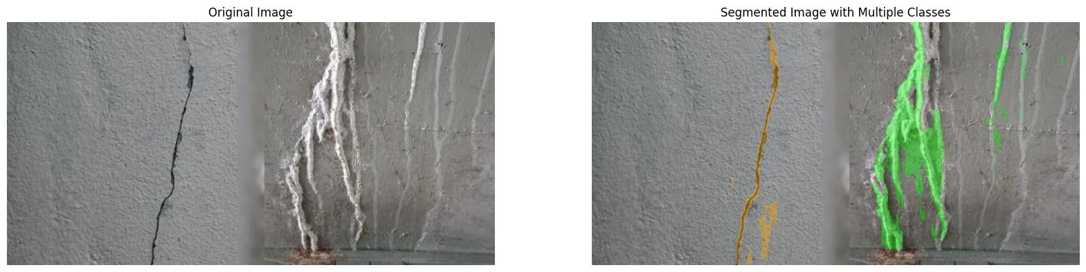 Thin cracks (orange) and efflorescence streaks (green).